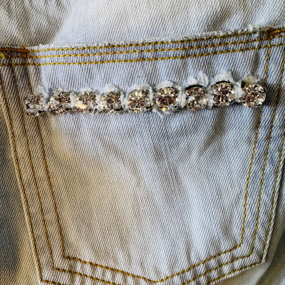 Y2K Blumarine Crystal Studded Acid Wash Distressed Jeans R-9” I-30” Size I44/D38 - Picture 10 of 16